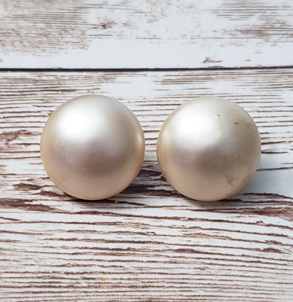 Vintage Trifari Clip On Earrings - Cream Faux Pearl - Some Surface Marks